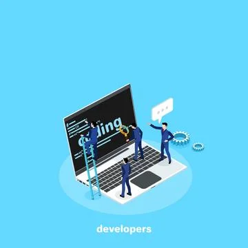 Men in business suits develop code on the laptop, isometric image Stockillustratie