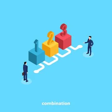 Men in business suits next to three colorful cubes, isometric image Stock Illustration