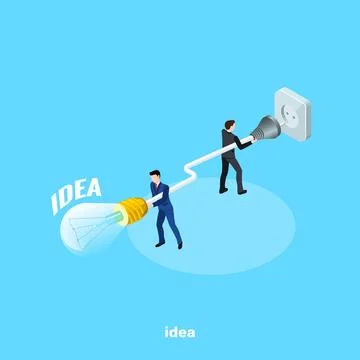 Men in business suits plug the light into an outlet, an isometric image Stock Illustration