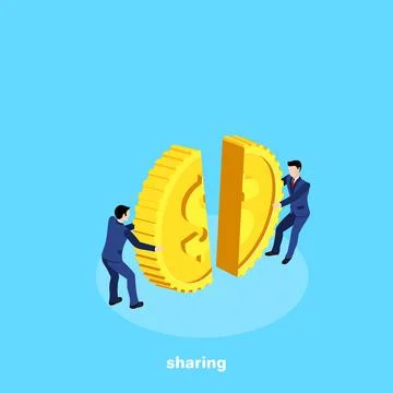 Men in business suits pull in half the pieces of the gold coin, isometric ima Stock Illustration