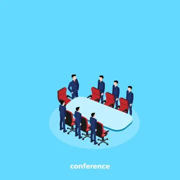 Men in business suits stand around the conference table, isometric image イラスト素材