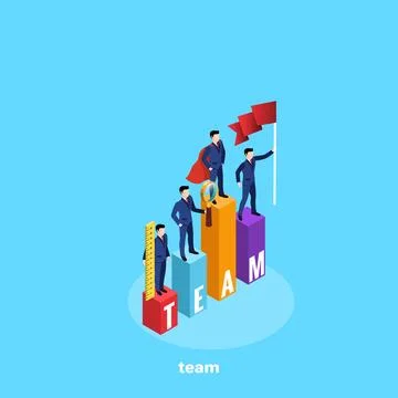 Men in business suits stand on a chart with an inscription team, isometric im Stock Illustration
