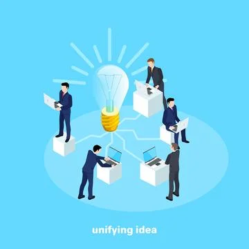 Men in business suits work behind computers connected to a light bulb generat Stockillustratie