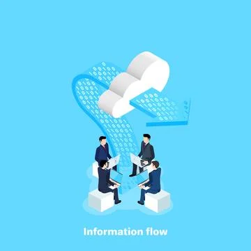 Men in business suits work for computers connected to a cloud of data, an iso 库存插图