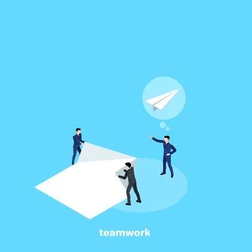 Men in business suits work in a team to create a paper airplane, an isometric Stock Illustration