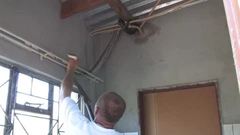 Men carefully handle a massive African rock python From house Indoor Ceilin.. Stockbeeldmateriaal 332948573