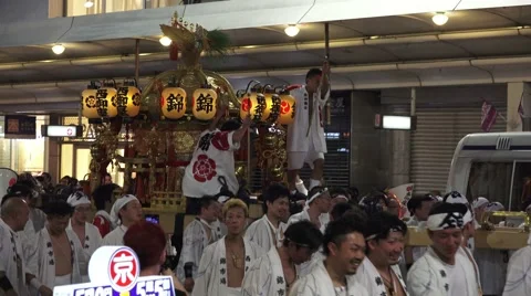 Men Carry Float In Japanese Parade Kyoto Gion Festival With Audio 4K Stock Footage 44898801