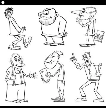 Men characters set cartoon black and white illustration Stock Illustration