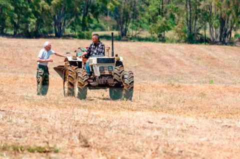 Men chat while working with the tractor Stock Photos