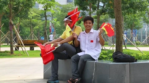 Men With Chinese Flags Outside Sporting Event Stock-Footage 43345481