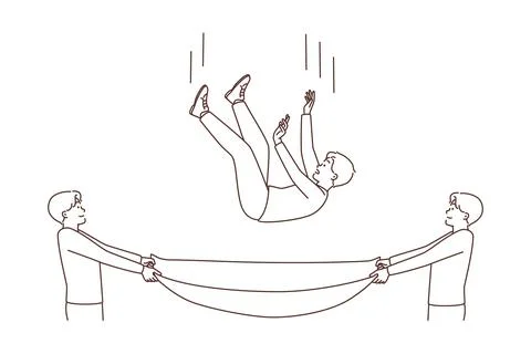Men with cloth saving guy from falling Stock Illustration