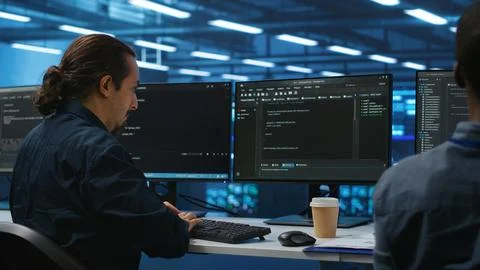 Men coding together in high tech server hub, using computers to analyze data, Stock Photos