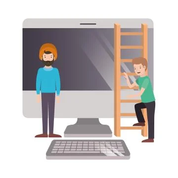 Men with computer desktop and stair wood Illustrazione stock