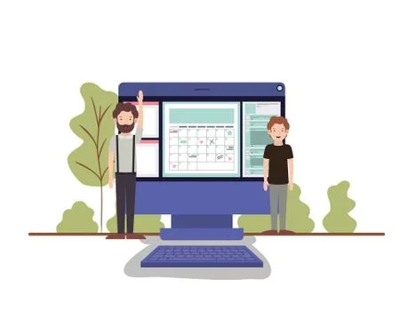 Men with computer desktop in landscape Stock Illustration