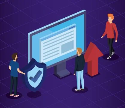 Men with computer technology and digital document with shield security Stock Illustration