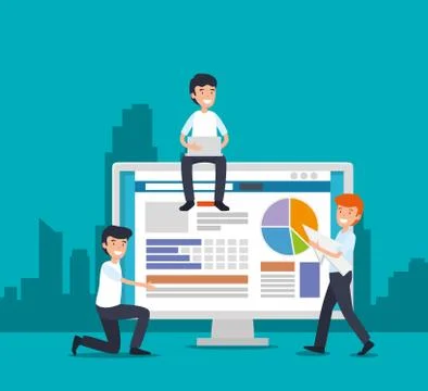 Men with computer technology and documents strategy Illustrazione stock