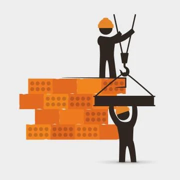 Men construction brick wall crane cooperation Illustrazione stock