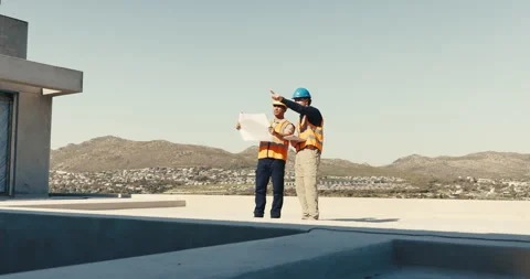 Men, conversation and inspection on construction site with tablet, quality Stock Footage 345648053
