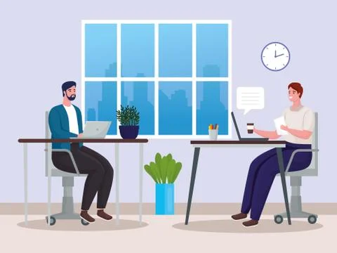 Men couple using technology for meeting online in workplace 스톡 일러스트