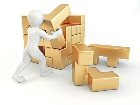 Men with a cube built from blocks. Puzzle. 3d Men with a cube built from b... Stockfoto's