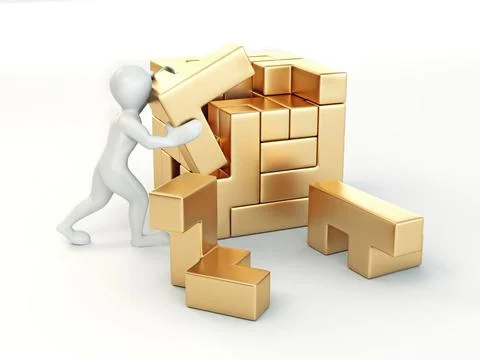 Men with a cube built from blocks. Puzzle. 3d Men with a cube built from b... Stockfoto's