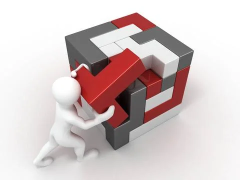 Men with a cube built from blocks. Puzzle. 3d Men with a cube built from b... Stockfoto's
