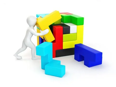 Men with a cube built from blocks. Puzzle. 3d Men with a cube built from b... Stockfoto's