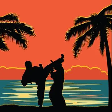 Men demonstrate karate on the shore of the ocean. Stock Illustration