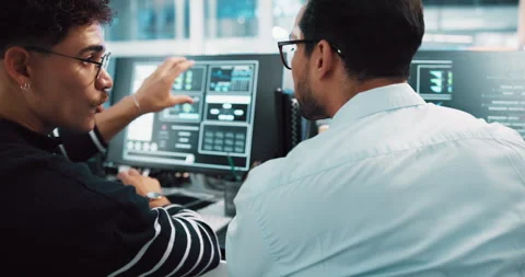 Men, developer and fist bump with computer in office for programming, coding Stock Footage 309143403
