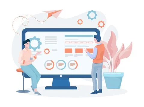 Men developing website or mobile application vector flat illustration. People Illustrazione stock