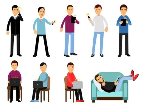 Men with different devices set, people using electronic gadgets in different Illustrazione stock
