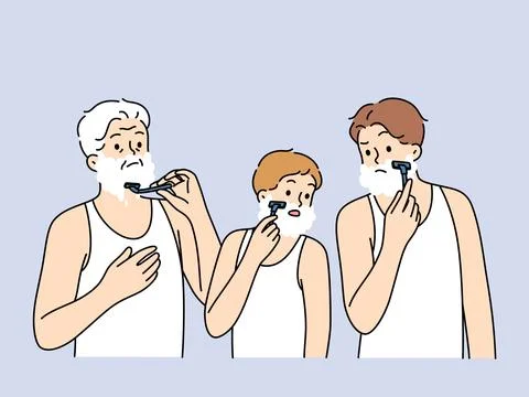 Men different generations shave together, demonstrating continuity of father and Illustrazione stock