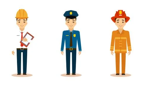 Men of different professions set, engineer, policeman, fireman, working people Stock Illustration