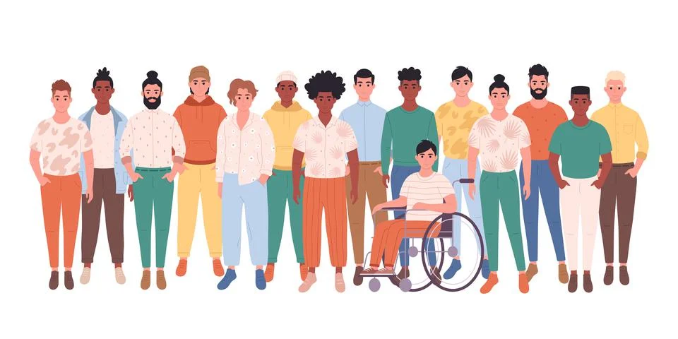 Men of different races, body types, hairstyles. Social diversity of people Иллюстрация