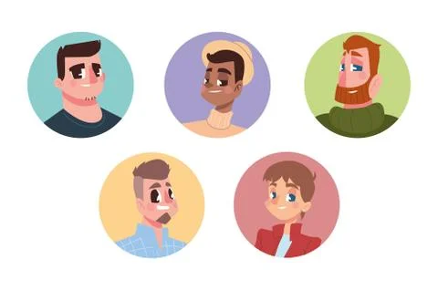 Men different style characters avatar in cartoon round icon Stock Illustration