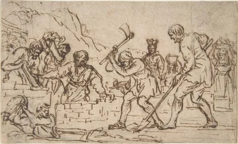 Men Digging and Constructing a Wall 17th century Pietro da Cortona (Pietro .. Stock Illustration