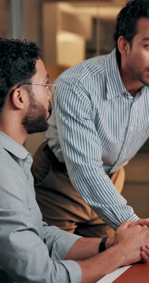 Men, discussion and high five with mentor, office and happy for software Stock Footage 322131780