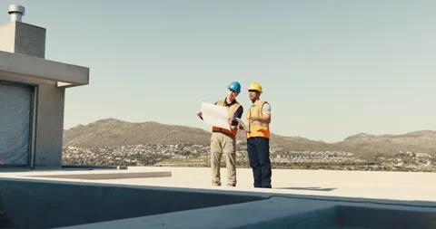 Men, discussion and inspection on construction site with tablet, quality Stock Footage 345645978