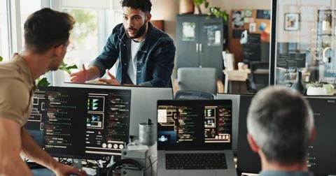 Men, discussion and programmer with computer for coding solutions, problem 스톡 사진