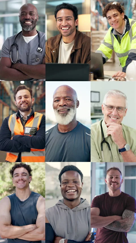 Men, diversity or happy face with profession in collage for global difference or Stock Footage 335372973