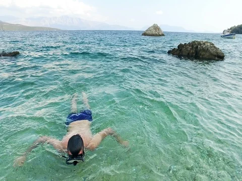 Men diving towards the camera in turquoise sea in Lefkada, Greece 스톡 동영상 80068569