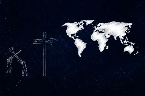 Men with DIY tools next to road sign with text Fix the World and map Stock Illustration