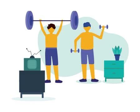 Men doing exercise with weights at home vector design Stock Illustration