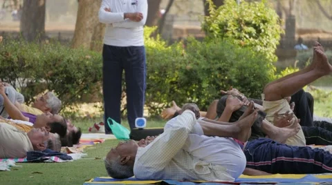 Men doing yoga in Lal Bagh park with teacher,Indore,India Vídeo Stock 66721767