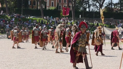 Men dressed as ancient Romans evoke old Roman traditions at Circus Maximus Stock Footage 97202475