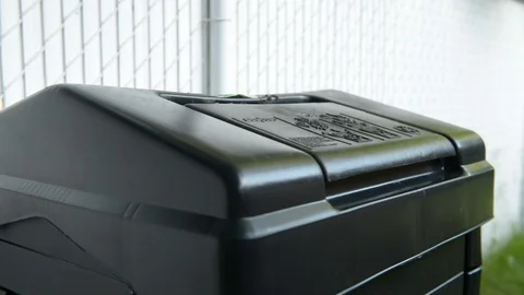 Men dropping food on a compost container Stock Footage 109182311
