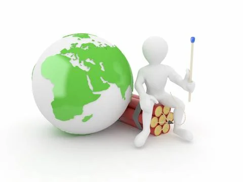 Men with earth and dynamite on white isolated background. 3d Men with eart... Stock Photos