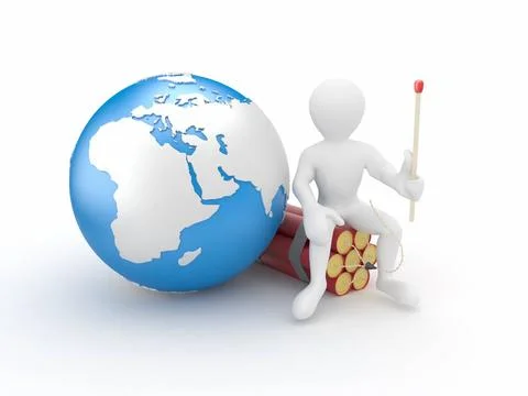 Men with earth and dynamite on white isolated background. 3d Men with eart... Stock Photos