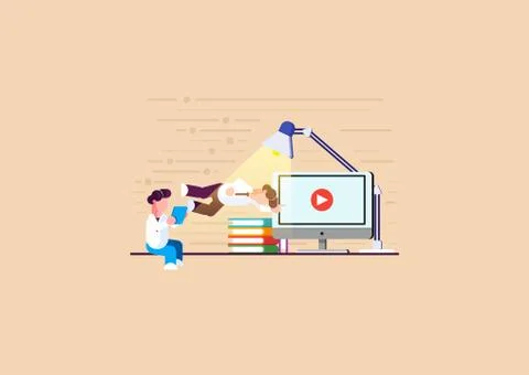 Men is engaged in online learning. Men is engaged in analytics. Holding a tab Stock Illustration
