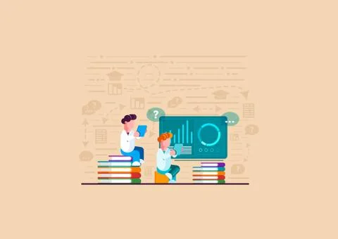 Men is engaged in online learning. Men is engaged in analytics. Holding a tab Stock Illustration